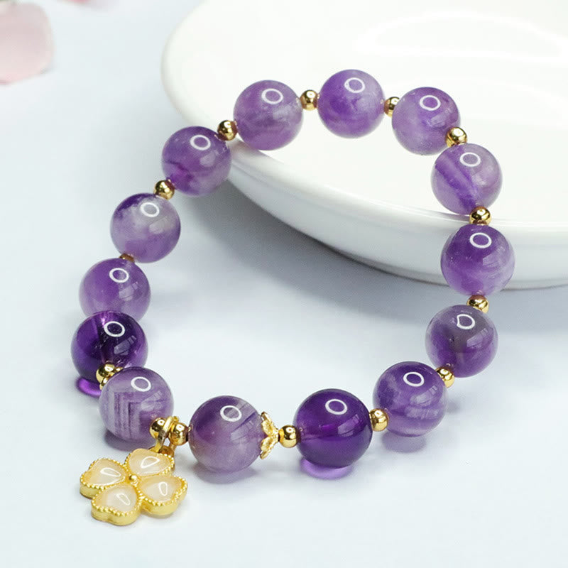 Natural Amethyst Crystal Inner Peace Four Leaf Clover Charm Bracelet