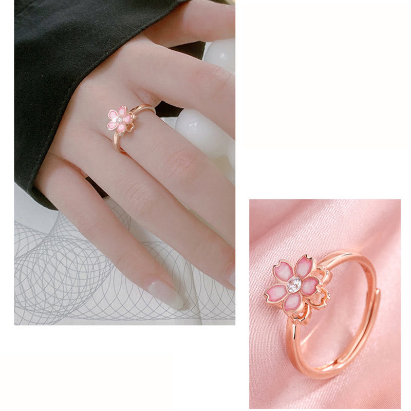 925 Sterling Silver Cherry Blossom Blessing Chain Bracelet Rotatable Ring