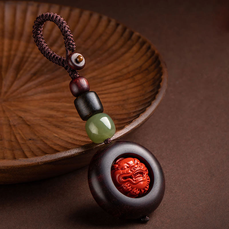 Red Sandalwood & Jade Cinnabar Keychain with Om Mani Padme Hum, Pixiu, or Copper Coin