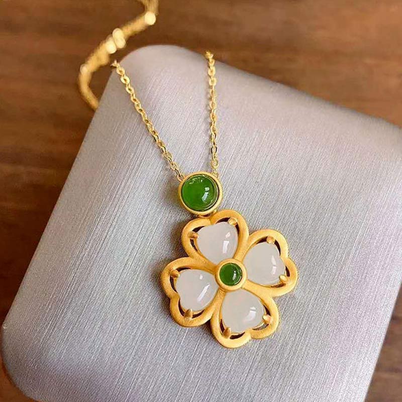 925 Sterling Silver Lucky Four Leaf Clover Jade Prosperity Necklace Chain Pendant