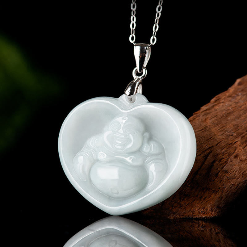 925 Sterling Silver Laughing Buddha White Jade Luck Blessing Necklace Pendant