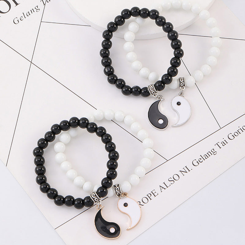 2Pcs Black Onyx White Turquoise Bead Yin Yang Protection Couple Bracelet