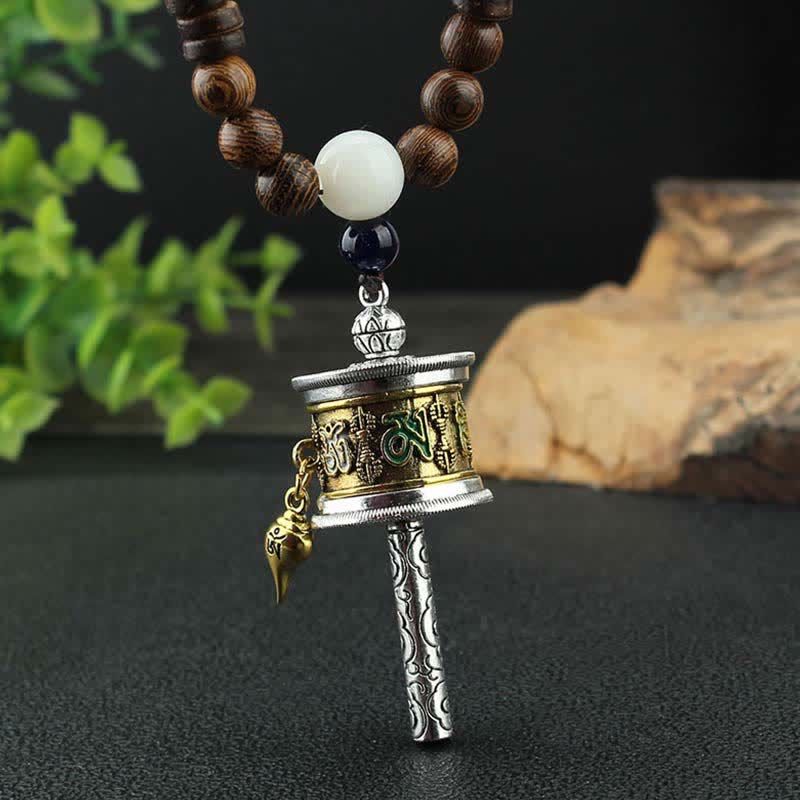 Tibetan Om Mani Padme Hum Prayer Wheel Rotation Vajra Wood Necklace Pendant