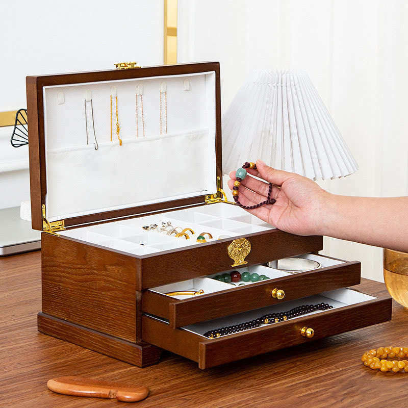 Retro Three-Layer Wooden Jewelry Storage Box & Organizer