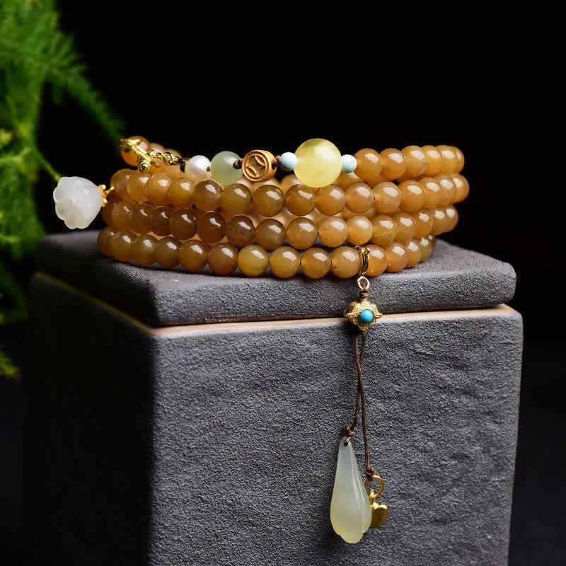Natural Hetian & White Jade, Amber, Turquoise, Pearl & Topaz Lotus Beaded Bracelet
