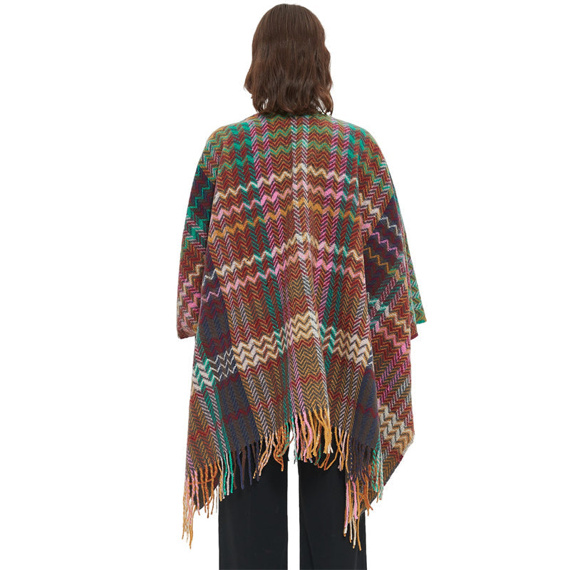 Tibetan Shawl Colorful Wavy Line Tassels Winter Cozy Travel Scarf Wrap