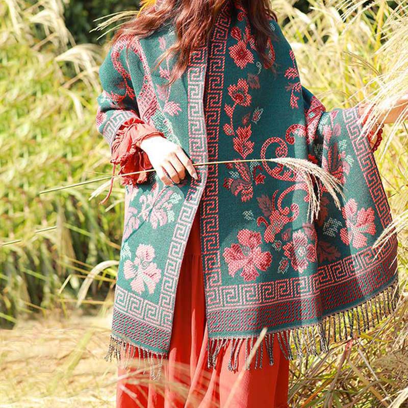 Tibetan Flowers Leaves Pattern Design Shawl Cozy Travel Scarf Wrap
