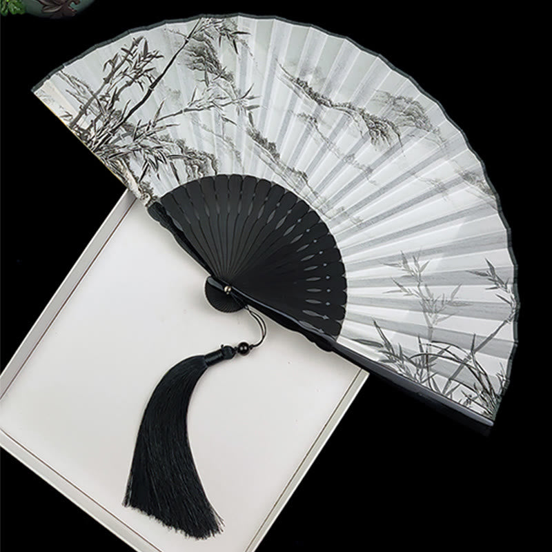 Vintage Bamboo Peony Butterfly Lotus Handheld Silk Folding Fan With Bamboo Frames