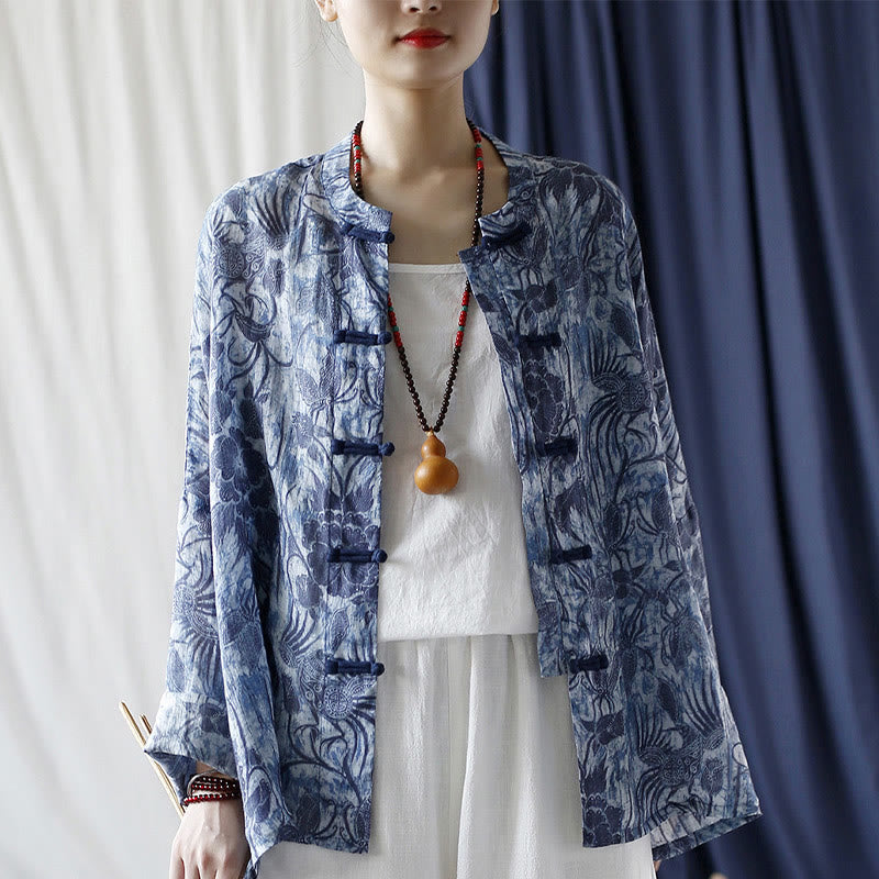 Ramie Linen Floral Stand Collar Meditation Jacket Shirt
