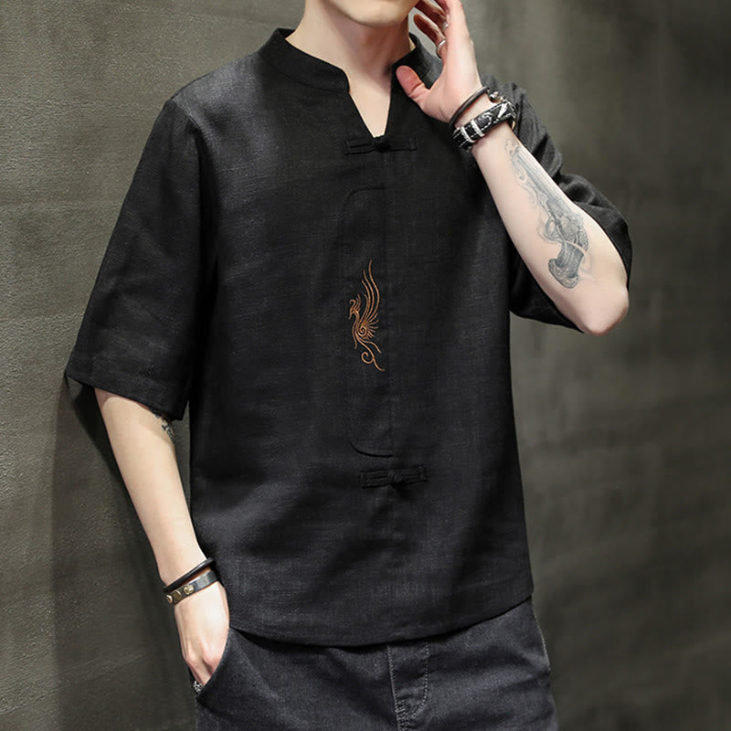 Frog-Button Phoenix Embroidery Chinese Tang Suit Short Sleeve Shirt Cotton Linen Men Clothing