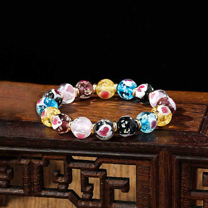 Gold Swallowing Beast Family Pink Love Heart Luminous Fluorescent Liuli Glass Bead Bracelet