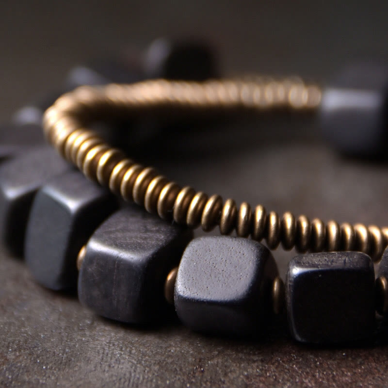 Tibetan Peace Double Wrap Bracelet: Ebony Wood, Copper & Brass