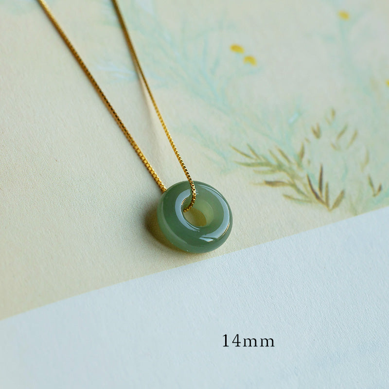 Natural Round Jade Ping An Kou 925 Sterling Silver Gold Plated Pendant Necklace