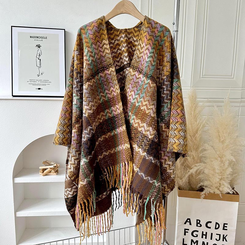 Tibetan Shawl Colorful Wavy Striped Shapes Tassels Winter Cozy Travel Scarf Wrap