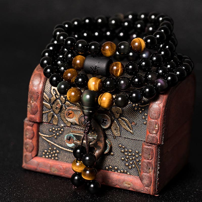 Natural Black Obsidian Rainbow Obsidian Gourd Blessing Bracelet Mala