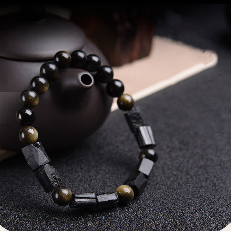 Handmade Gold Sheen Obsidian and Black Tourmaline Beaded Elastic Bracelet