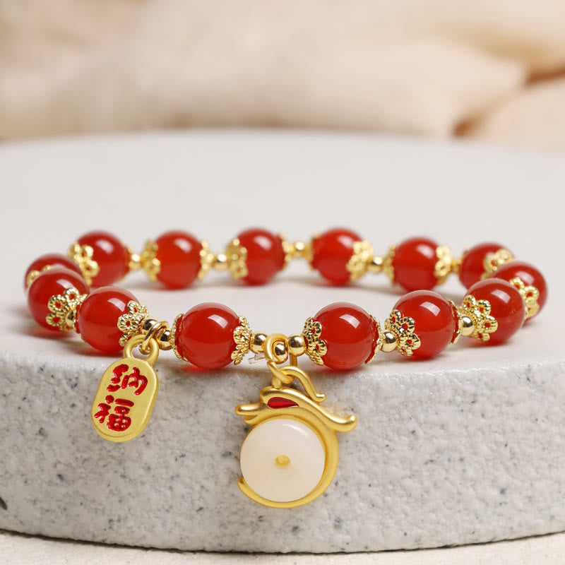 Year of the Dragon Red Agate Green Aventurine Peace Buckle Fu Character Lucky Fortune Bracelet