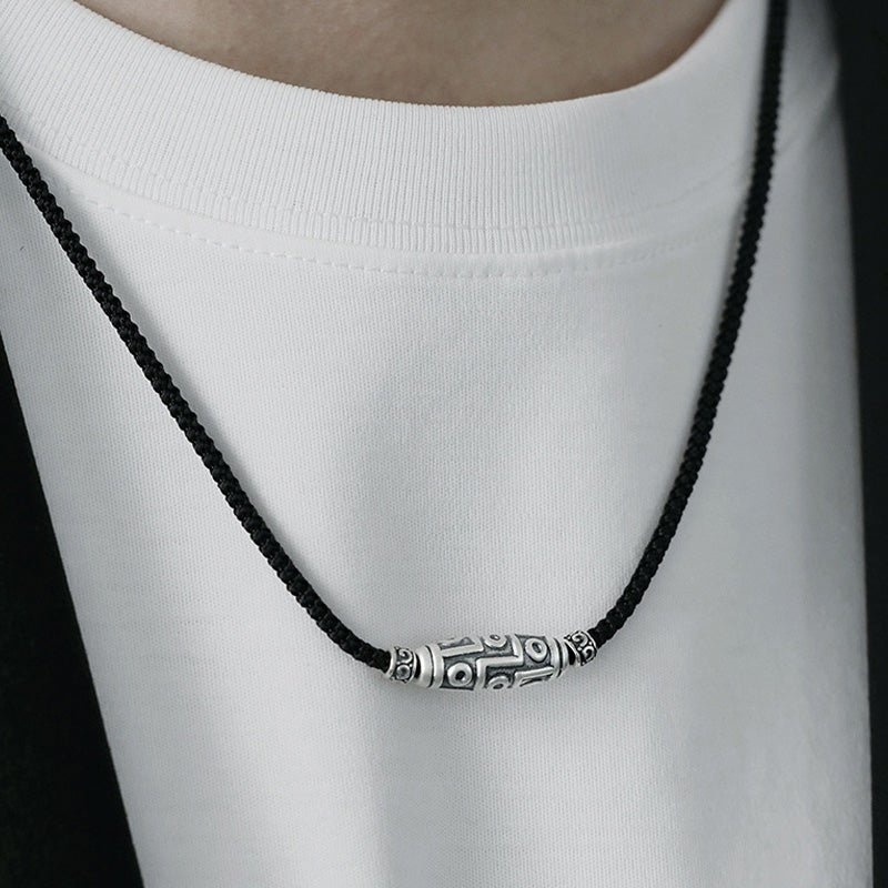 999 Sterling Silver Nine-Eye Dzi Bead Pattern Protection Rope Necklace Pendant