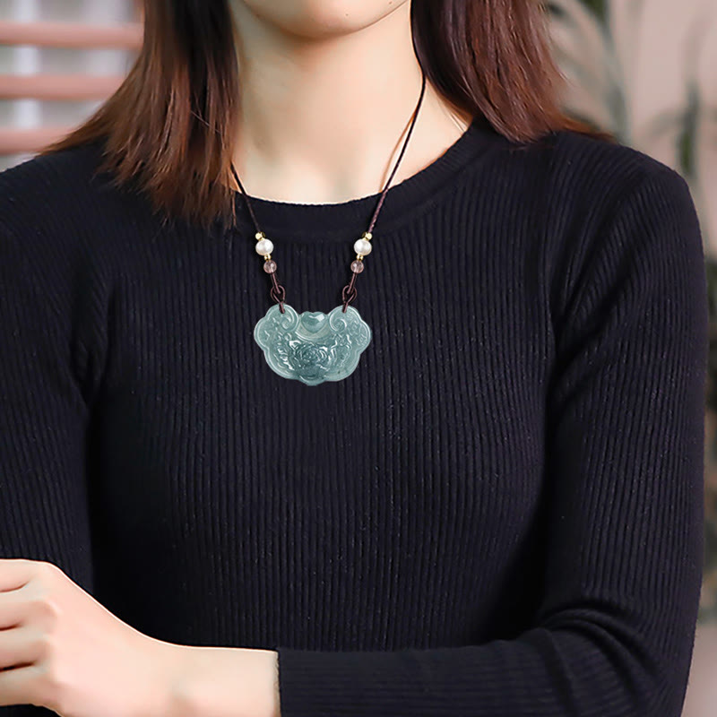Natural Jade Peony Flower Lock of Good Wishes Prosperity Necklace Pendant