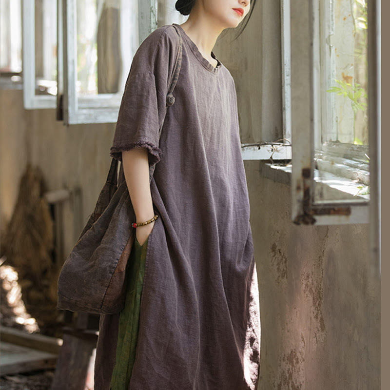 Mid Length Dress Ramie Linen Half Sleeve Split Hem Top T-Shirt