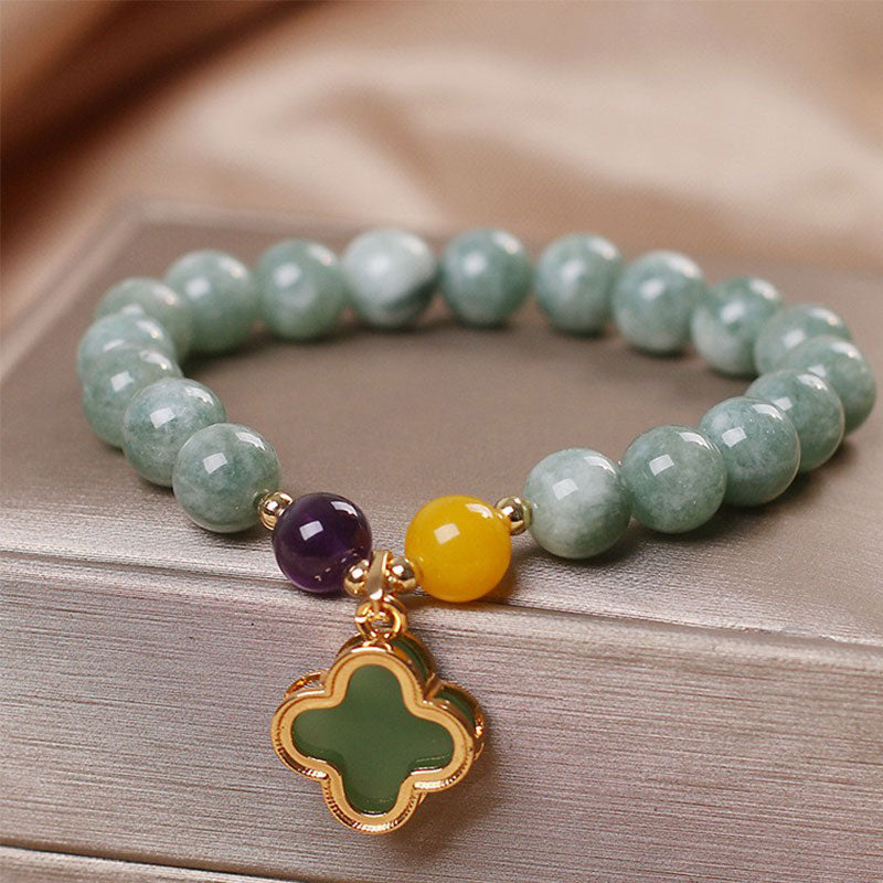 Handmade Natural Jade Four Leaf Clover Adjustable Bracelet