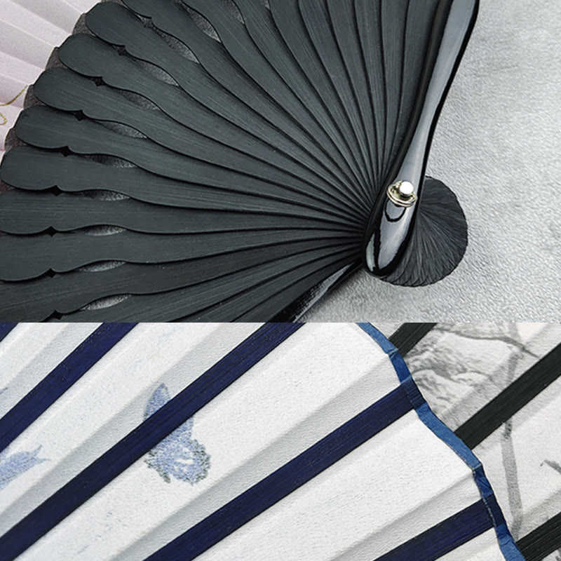 Vintage Bamboo Peony Butterfly Lotus Handheld Silk Folding Fan With Bamboo Frames