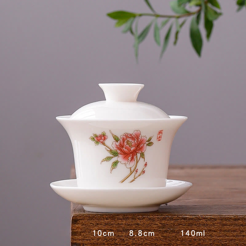 White Porcelain Mountain Landscape Countryside Ceramic Gaiwan Teacup Kung Fu Tea Cup And Saucer With Lid