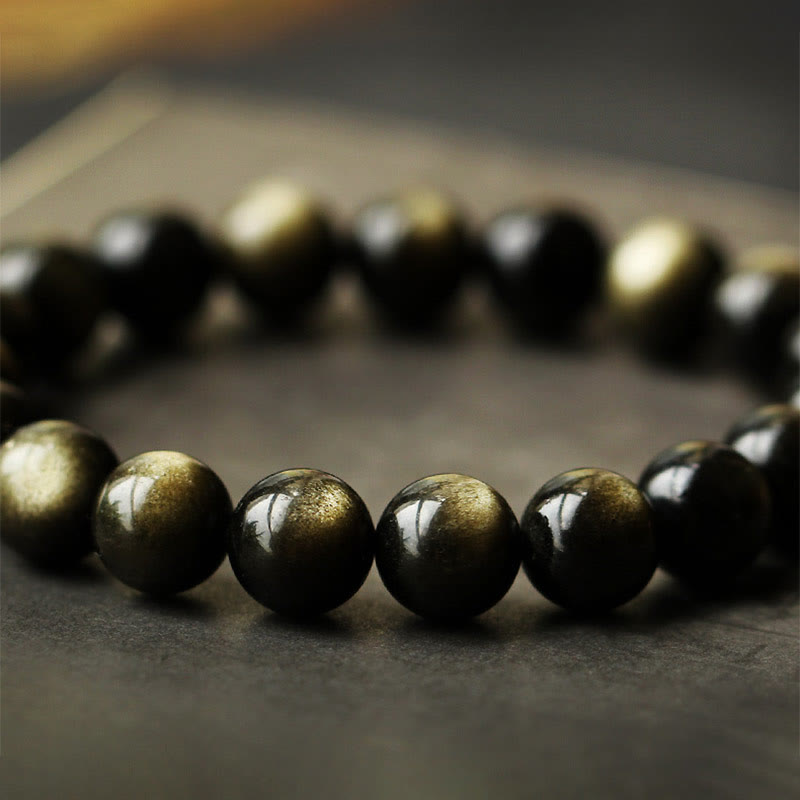 Natural Gold Sheen Obsidian & Amber Bracelet with 925 Sterling Silver and Zodiac Guardian