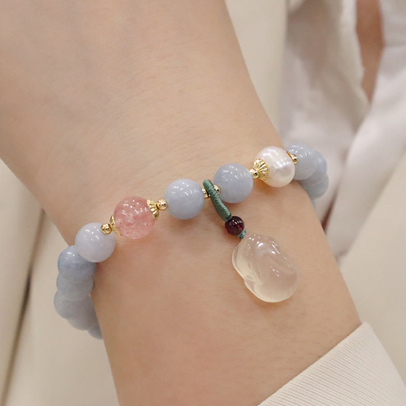 Natural Aquamarine & Chalcedony Beaded Charm Bracelet with Pearl & Symbolic Accents