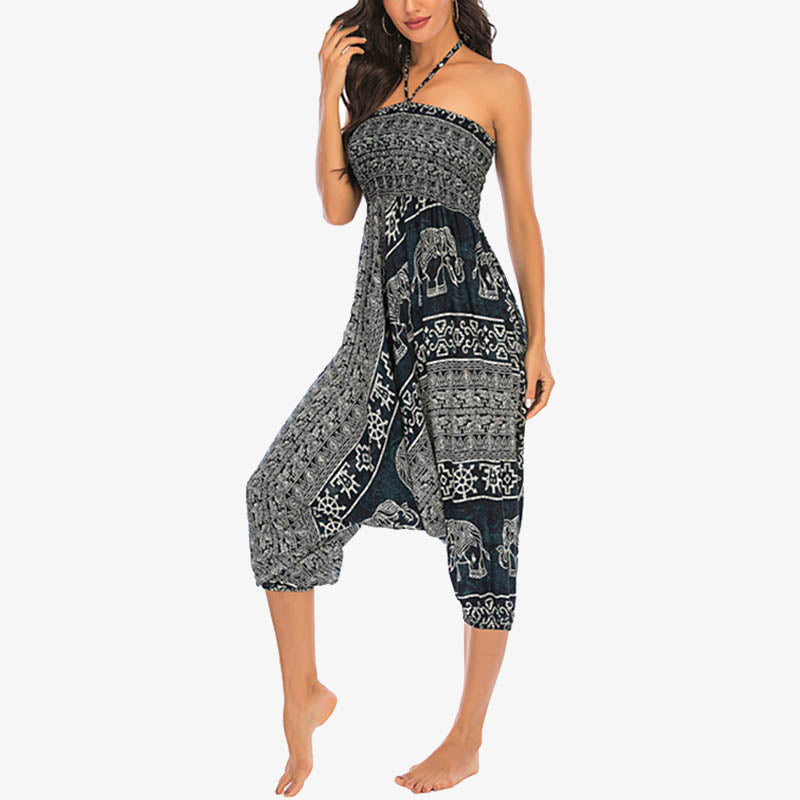 Two Style Wear Elephant Pattern Loose Smocked Harem Trousers Jumpsuit Women's Yoga Pants