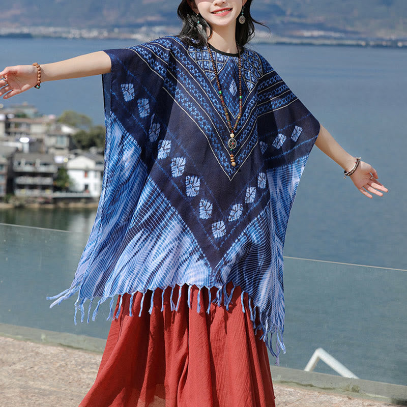 Soft-Touch Blue Geometric Batik Meditation Pullover Shawl