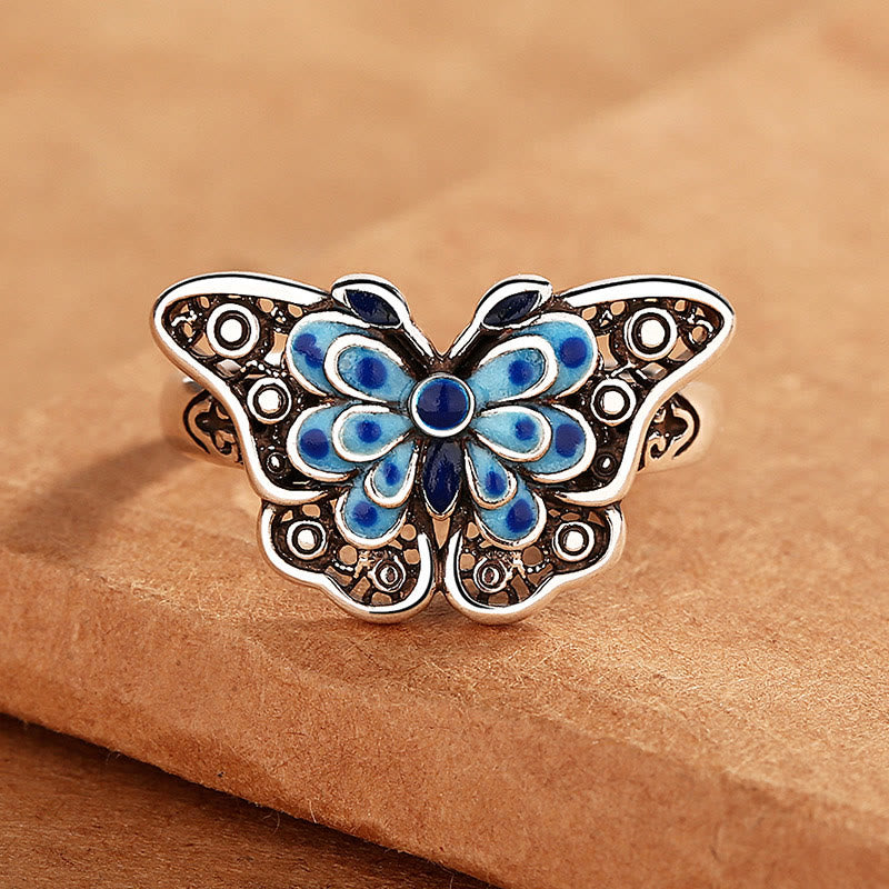 Hollow Enamel Blue Butterfly Pattern Love Ring