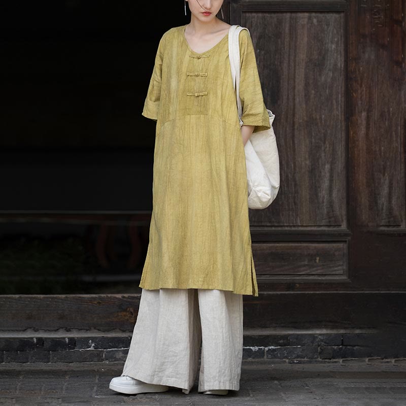 Ramie Linen Tie-Dye Frog-Button Meditation Midi Dress & Wide-Leg Pants Set