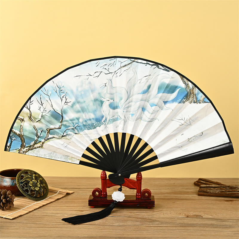Vintage Phoenix Nine Tailed Fox Flower Bamboo Tiger Handheld Folding Fan Lotus Tassel Fan