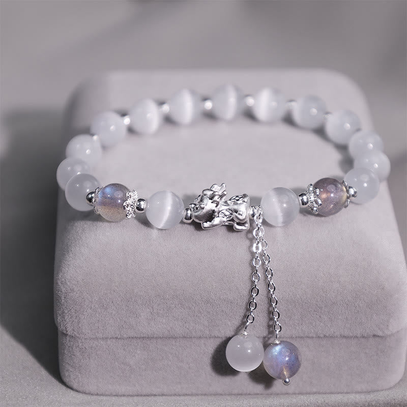 Natural Cat's Eye Moonstone Strawberry Quartz PiXiu Support Bracelet