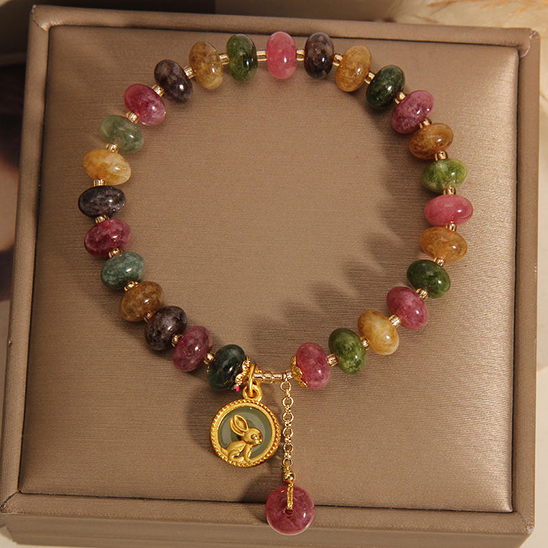 Natural Colorful Tourmaline Cute Rabbit Charm Positive Bracelet