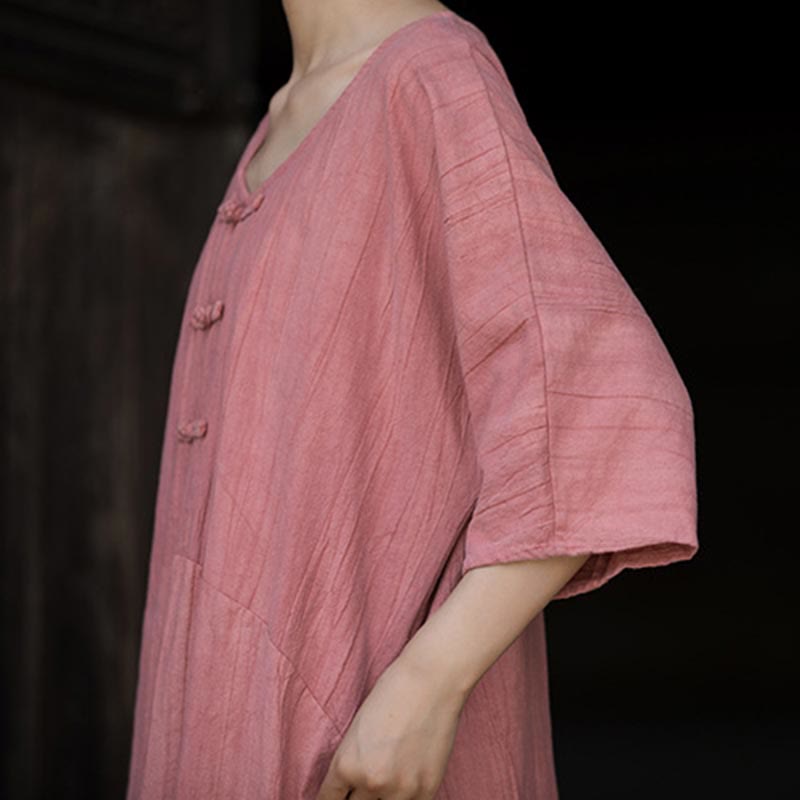 Ramie Linen Tie-Dye Frog-Button Meditation Midi Dress & Wide-Leg Pants Set
