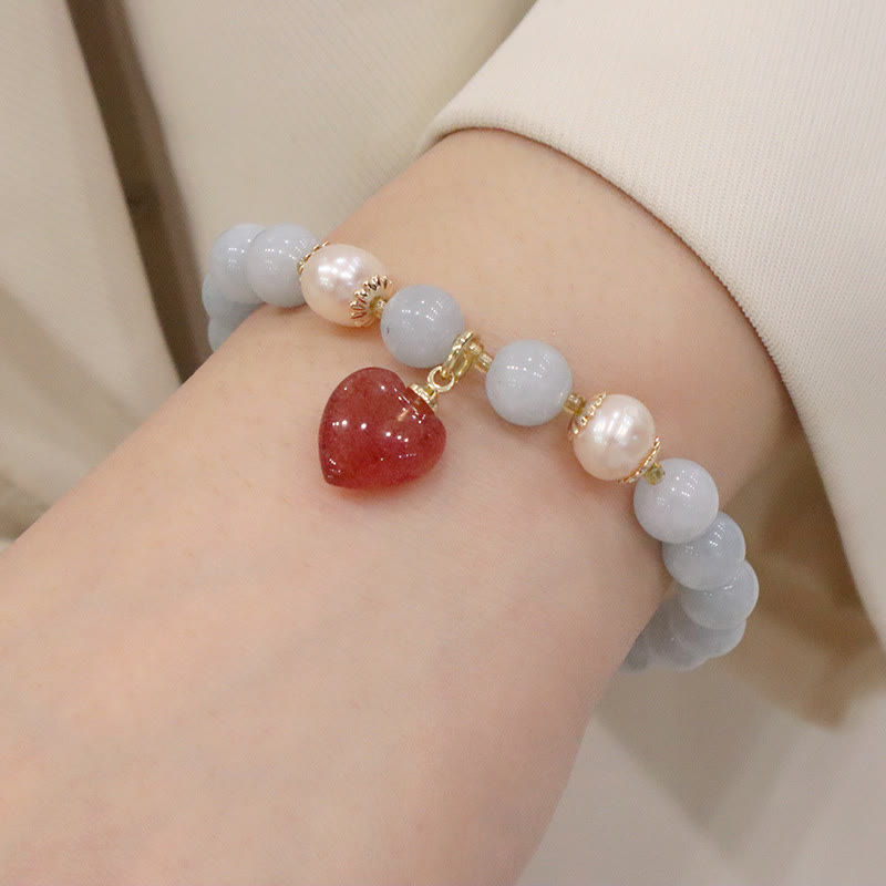 Natural Aquamarine & Chalcedony Beaded Charm Bracelet with Pearl & Symbolic Accents