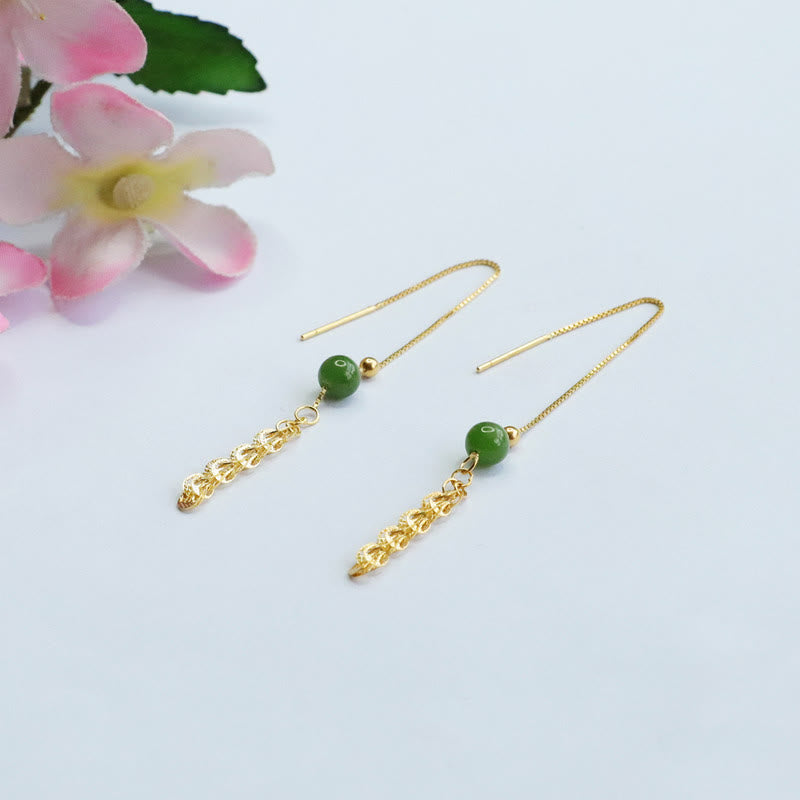 925 Sterling Silver Natural Hetian Cyan Jade Bead Luck Phoenix Tail Drop Earrings