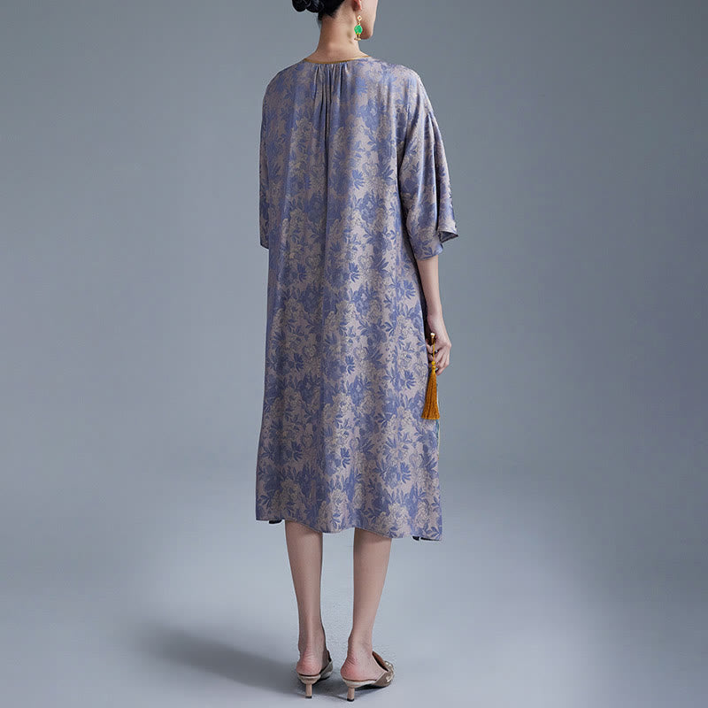 Small Flower Leaf Jacquard Chinese Cheongsam Qipao Midi Dress With Pockets