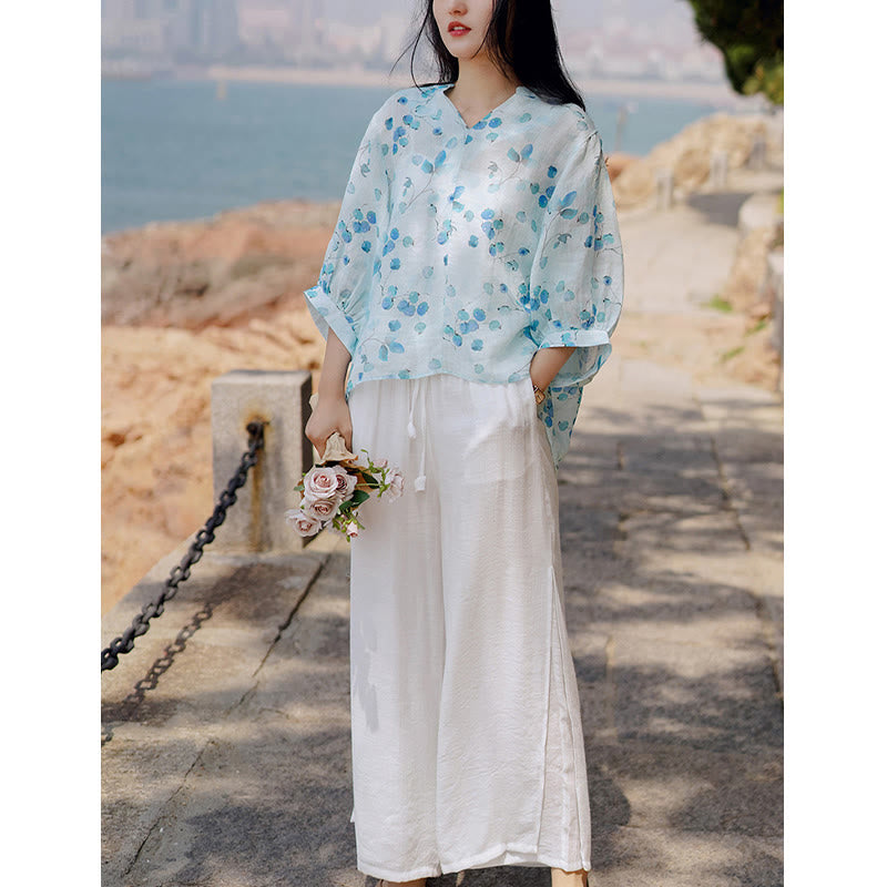 Fruits Leaves Pattern Lantern Sleeve Top Loose Tee T-shirt