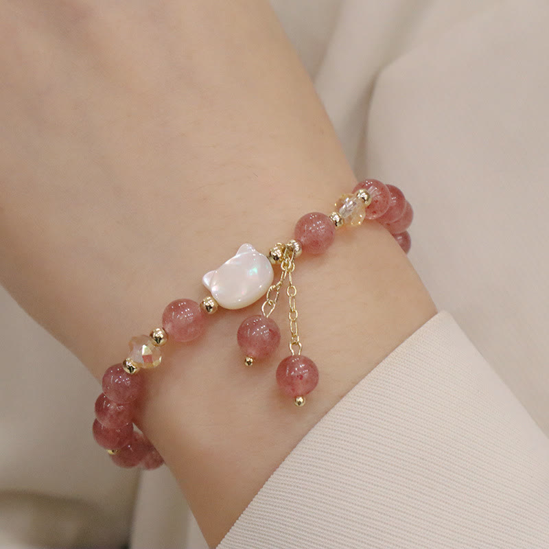 Natural Strawberry Quartz & Morganite Tridacna Gemstone Carved Cat Charm Bracelet