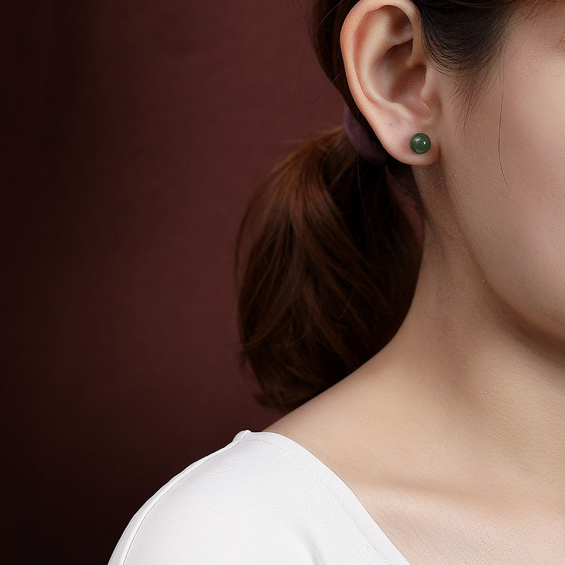 925 Sterling Silver Round Cyan Jade Healing Calm Stud Earrings