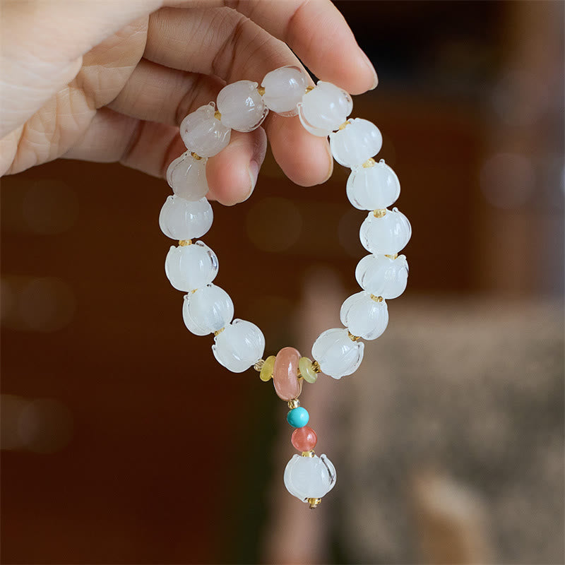Guardian Lion & Lotus Charm Fluorite Liuli Glass Beaded Bracelet