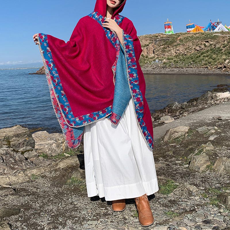 Tibetan Shawl Border Small Floral Flower Hooded Cloak Winter Cozy Travel Scarf Wrap