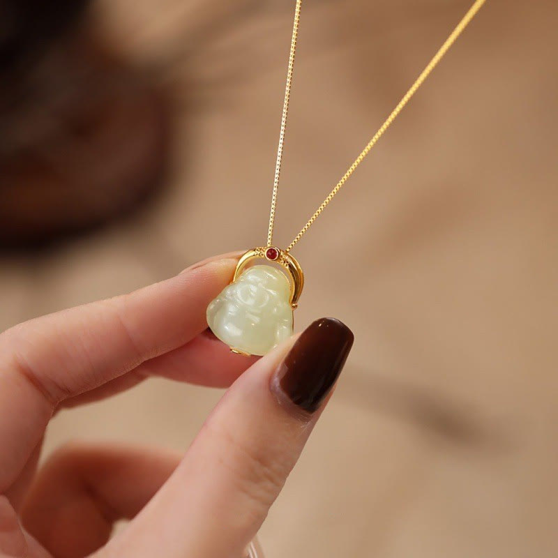 925 Sterling Silver Natural Hetian Jade Laughing Buddha Abundance Chain Necklace Pendant