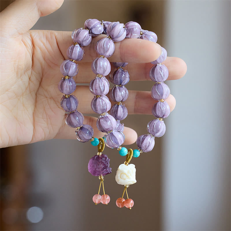 Guardian Lion & Lotus Charm Fluorite Liuli Glass Beaded Bracelet