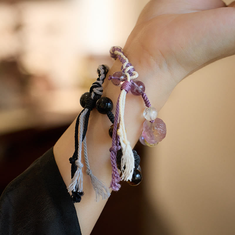 Natural Fluorite Amethyst Silver Sheen Obsidian Tiger's Eye Protection Rope Bracelet