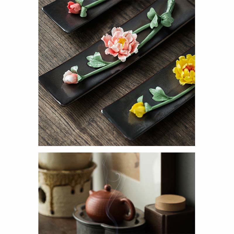 Zeniora Ceramic Incense Burner with Peony & Lotus Motifs for Mindful Ambiance