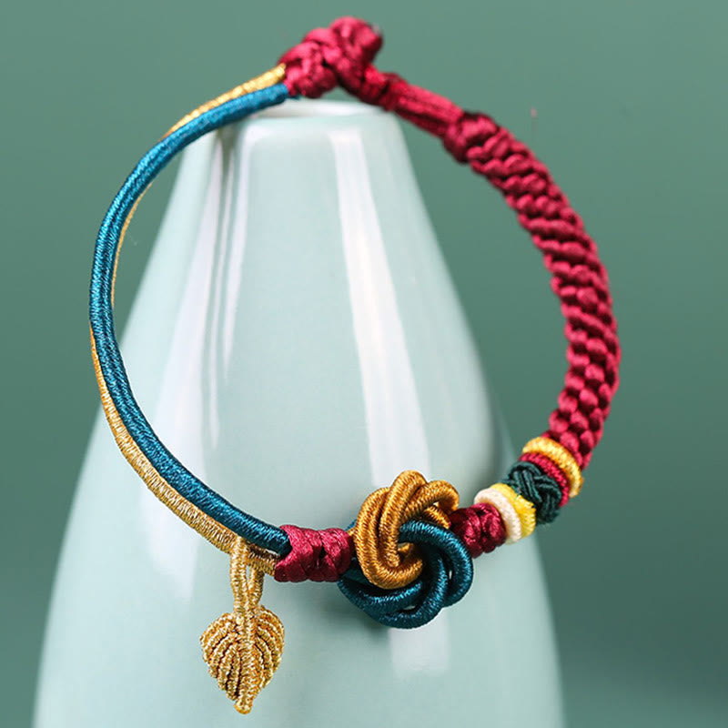 Handmade Tibetan Endless Knot Leaf Charm Cord Bracelet